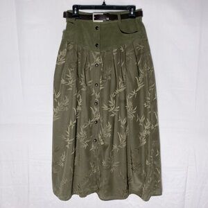 Vintage Together Olive Green Belted Button Front Midi Skirt 8